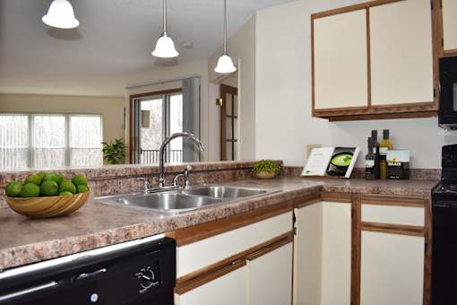 A kitchen with a sink, a window, and a bowl of fruit on the counter.