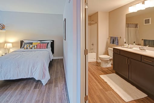 a bedroom with a bed and a bathroom with a toilet