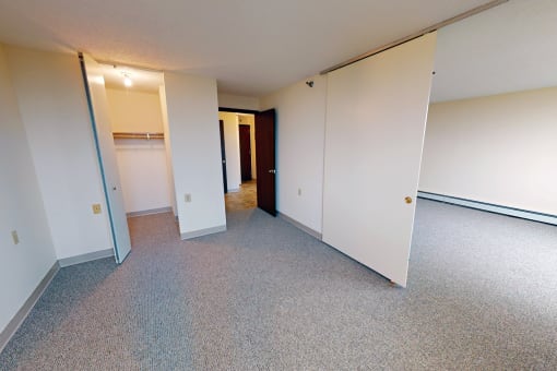 a bedroom with two closets and a door to a hallway