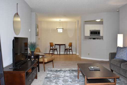 A living room with a grey couch, a wooden coffee table, a flat screen TV, a dining table with chairs, and a rug.