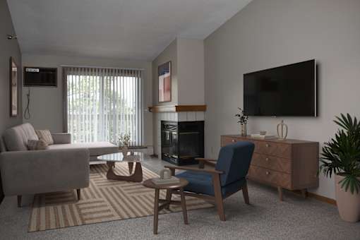 A living room with a fireplace, a chair, and a couch.