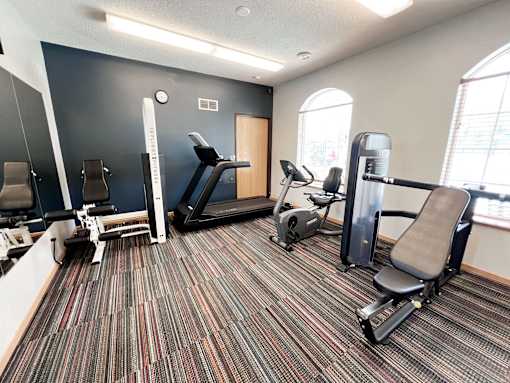 A gym with treadmills, exercise bikes, and weight machines.