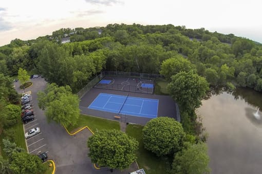 Aerial view of a blue basketball and tennis court surrouned by trees