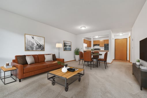 the living room of an apartment with a couch and a coffee table