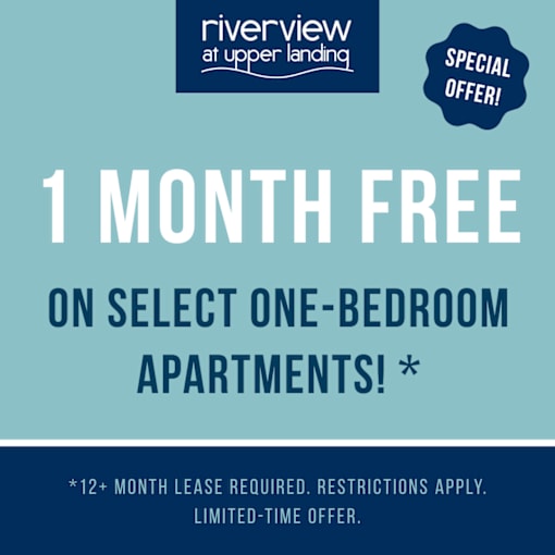 A promotional image for Riverview at Upper Landing offering a free month on select one-bedroom apartments.