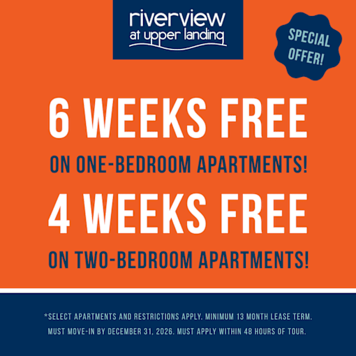 An advertisement for Riverview at Upper Landing offers 6 weeks free on one-bedroom apartments and 4 weeks free on two-bedroom apartments.