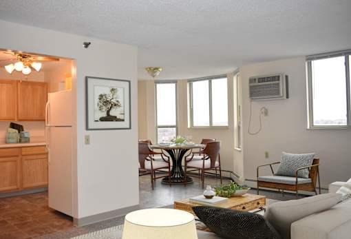 A living room with a dining table and chairs.