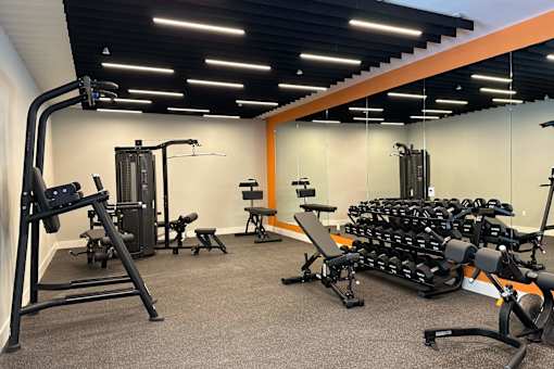 A gym with a variety of equipment including weights and machines.