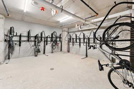 A bike shop with many bicycles hanging on the wall at The Box, Richmond, VA, 23224