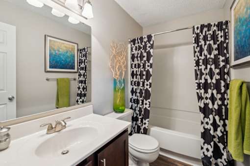 A bathroom with a white sink, toilet, and a painting on the wall. at The Timbers Apartments, Richmond 23235
