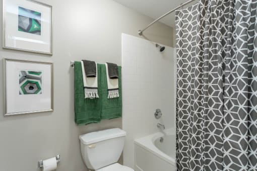 a bathroom with a white toilet next to a bathtub at The Resort At Lake Crossing Apartments, PRG Real Estate, Lexington, KY