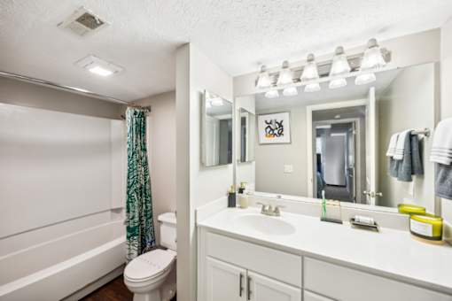 A white bathroom with a toilet, sink, and mirror at Chinoe Creek Apartments, Lexington, KY