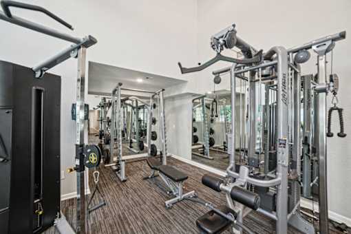 A gym with a variety of equipment including a squat rack, a leg press machine, and a cable machine at Willow Ridge Apartments, North Carolina, 28210
