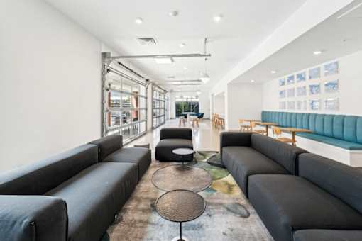 A modern living room with black leather sofas and a glass wall at The Point Apartments on 38th, Norfolk, Virginia