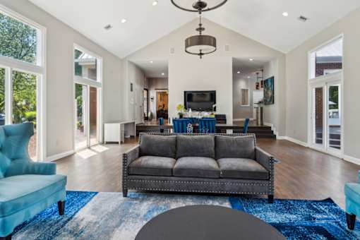 A living room with a grey couch and a blue rug. at The Timbers Apartments, Virginia, 23235