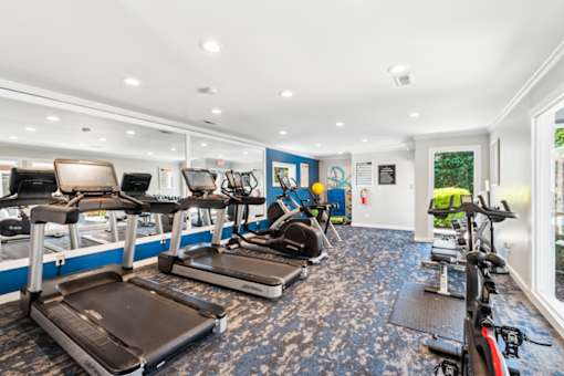 A gym with treadmills, exercise bikes, and elliptical machines. at Woodcreek Apartments, Cary 27511