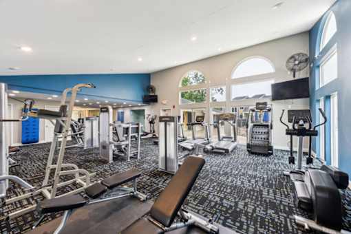 A gym with a variety of equipment including treadmills, weights, and exercise machines at Chinoe Creek Apartments, Kentucky, 40502
