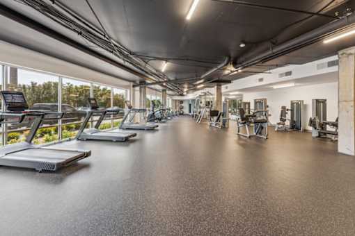 A gym with treadmills and other exercise equipment  at The Waterford At Rocketts Landing Apartments, PRG Real Estate, Richmond, Virginia