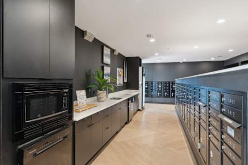 A modern kitchen with black cabinets and wooden floors at South Falls Tower Apartments, Richmond, VA