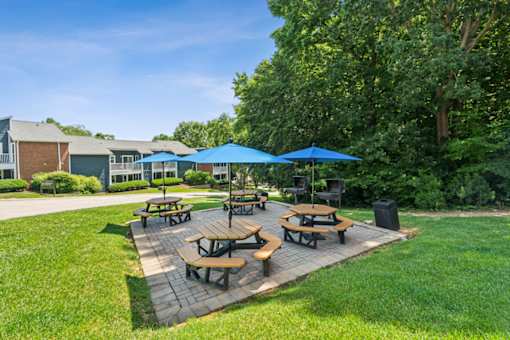A sunny day at a park with picnic tables and umbrellas at Woodcreek Apartments, Cary, NC, 27511