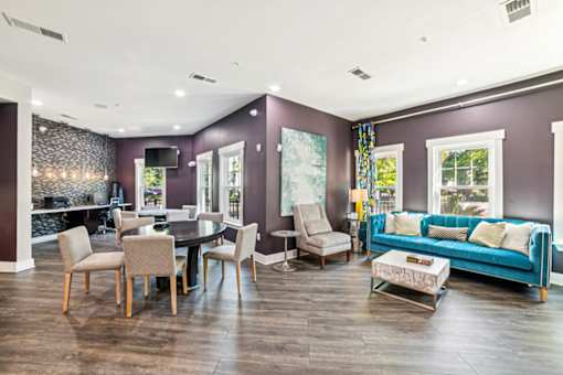 A living room with a purple wall and a blue couch at Proximity Apartments, South Carolina, 29414