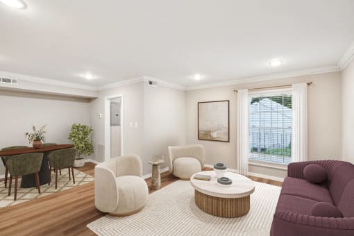 a living room with a couch and chairs and a table at Lake Johnson Mews, Raleigh, NC, 27606