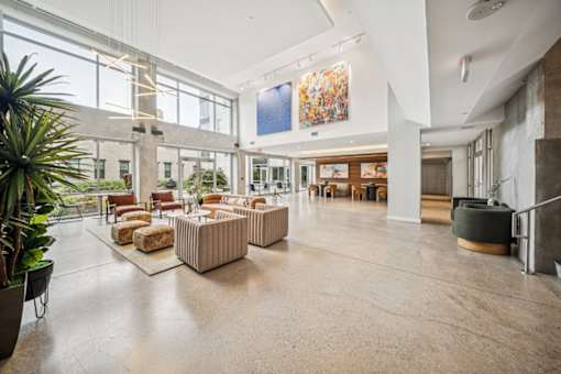 Modern lobby lounge space at Locks Tower, Richmond VA