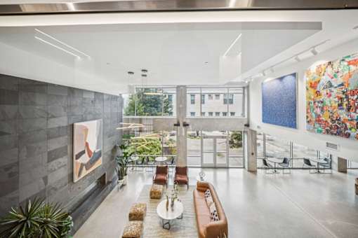 Seating area inside Locks Tower lobby lounge in Richmond, Virginia