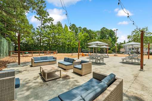 A sunny day at the outdoor seating area with blue cushioned furniture.