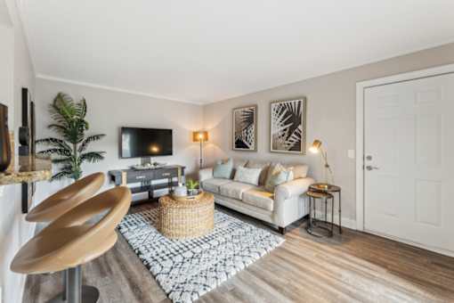 A living room with a white couch, a TV, and a plant.