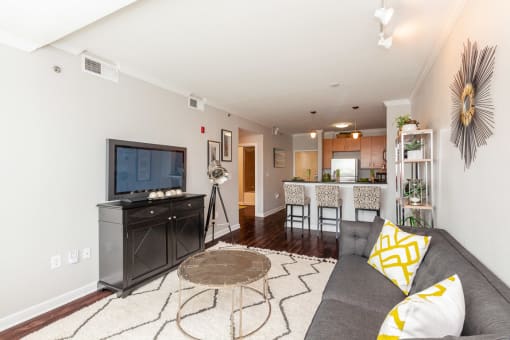 Living Room With Television at 45 Madison Apartments, Missouri, 64111