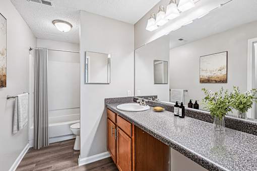 A bathroom with a granite countertop and a shower with a grey curtain at Park Ridge Estates, Durham, 27713