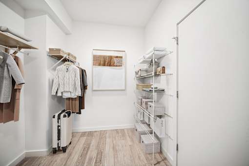 A walk in closet at The Locks Tower, Richmond, Virginia