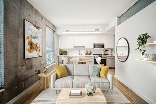 Living Room With Kitchen View at The Locks Tower, Richmond, Virginia