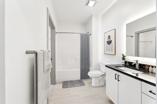A bathroom with a toilet, sink, and shower at The Point Apartments on 38th, Norfolk, Virginia