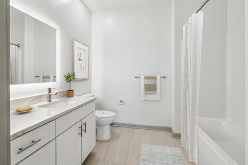 A white bathroom with a toilet, sink, and a plant  at The Waterford At Rocketts Landing Apartments, PRG Real Estate, Richmond, Virginia