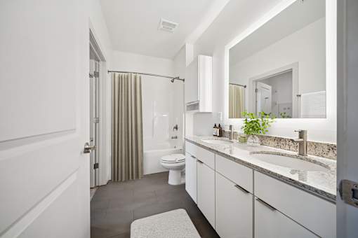 A bathroom with a toilet, sink, and mirror at Circ Apartments, Virginia
