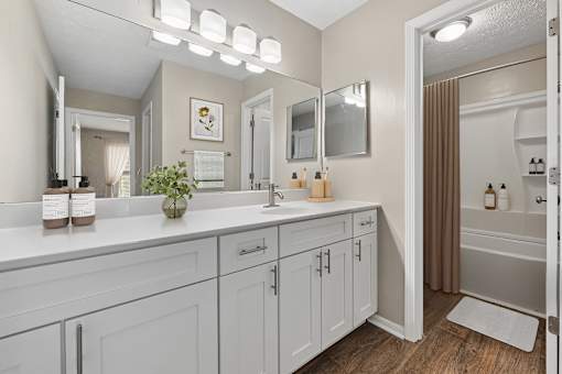 A bathroom with a vanity and a mirror.