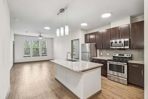 Modern Kitchen with Large Island at Park at Rialto Apartments, San Antonio