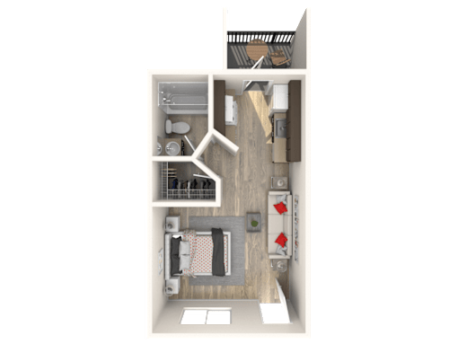 A top-down view of a house layout with a kitchen, living room, and bathroom.