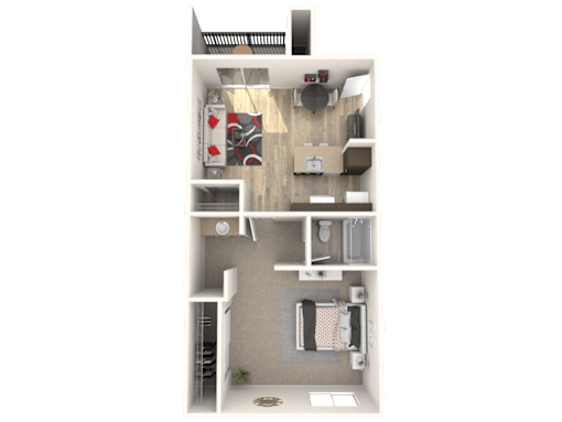 A 3D rendered image of a small apartment layout.