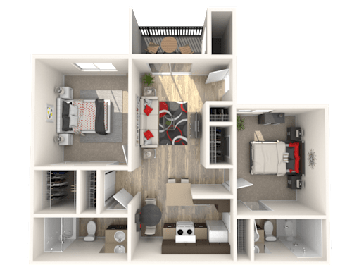 A 3D floor plan of a small apartment with a kitchen, living room, and bedroom.
