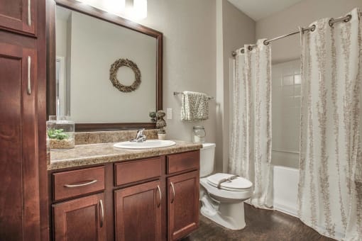 Standard Bathroom with Tub - Wood Cabinets  at Overlook at Stone Oak Park Apartments, Texas, 78258