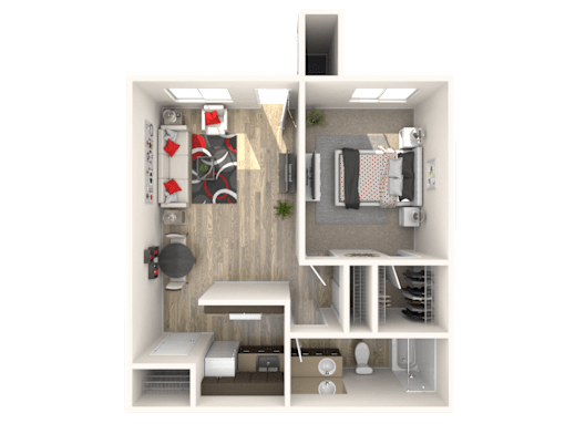 A 3D floor plan of a small apartment with a kitchen, living room, and bathroom.