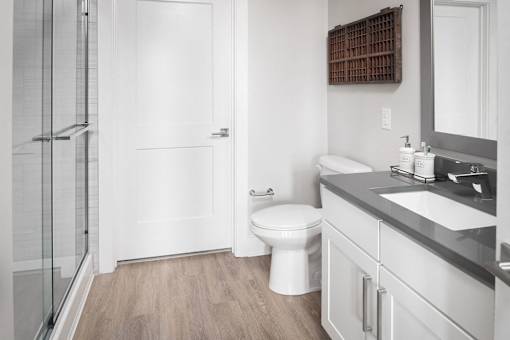 a bathroom with a toilet and a shower