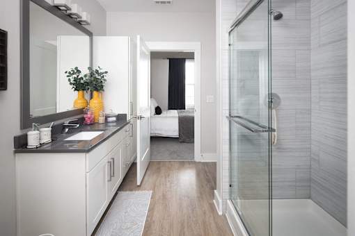 a bathroom with a shower and a sink and a mirror