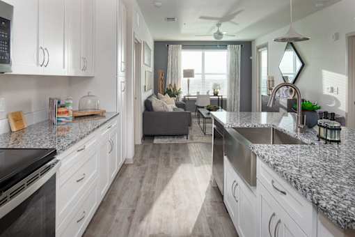 Galley kitchen with white cabinets and granite countertops at Avli At Crosstown Center Apartments, TAMPA, FL 33619