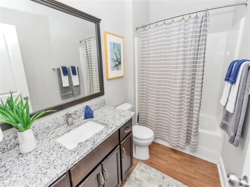 Bathroom with toilet, large vanity, wide mirror, wooden cabinetry, and a shower bathtub combo