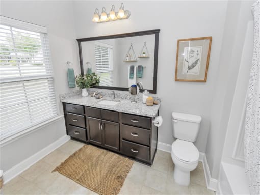 Bathroom with large vanity, mirror, toilet, bathtub, towel bars, and a tall window