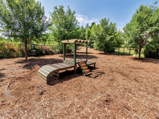 Gated dog park with mulch, trees, and a piece of agility equipment with steps and a raised surface